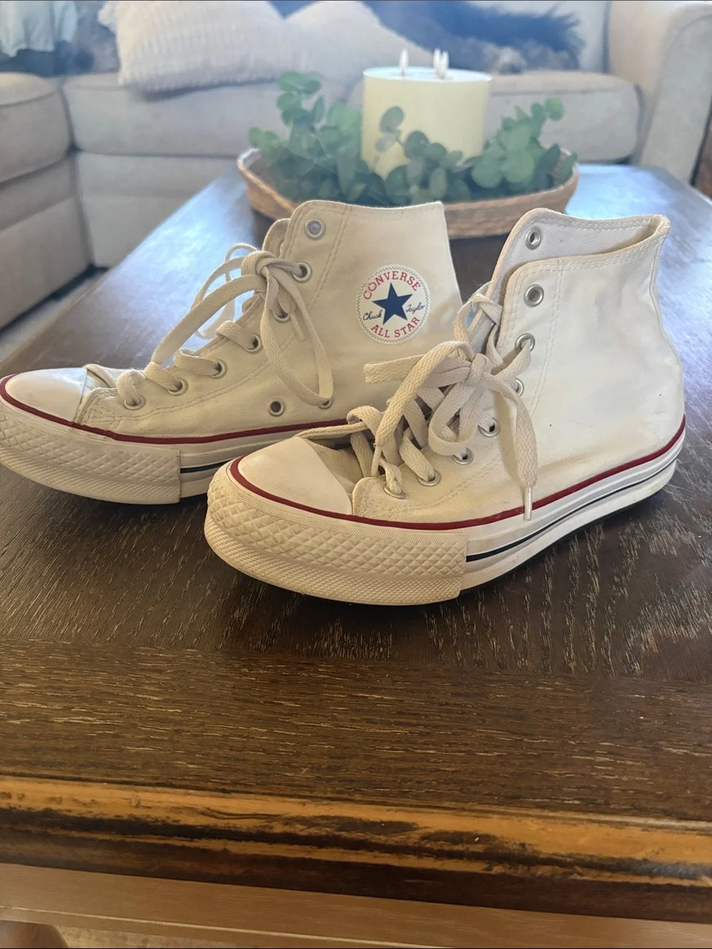 Converse Kids White High Top Sneakers with Red and Black Trim